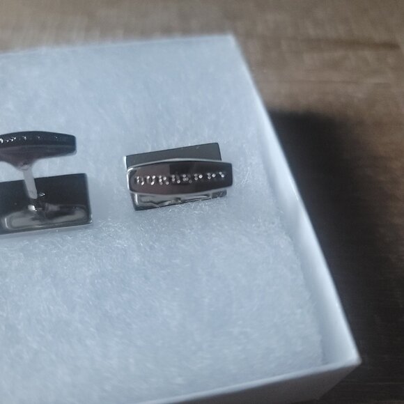 Burberry Men's Enamel Checkblock Cufflinks Rectangle - Gunmetal Gray Black - Picture 6 of 6